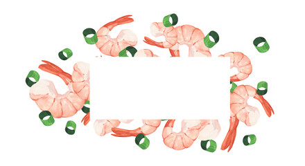 A watercolor frame with illustrations of boiled shrimp and green onion rings © Anna Bastron