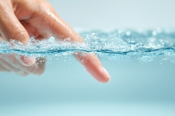 Fototapeta premium A human finger pierces a clear watery surface, surrounded by gentle, bubbling effects