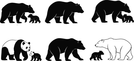 Bear silhouettes with cubs, black bear, panda bear, polar bear, wildlife animal illustration vector, nature themed design collection © MdNur