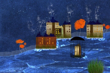 Ilustracja grafika kolorowe domy bajkowy krajobraz dom zamknięty w klatce na ptaki. © Monika