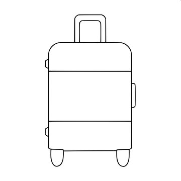 High contrast black and white travel bag drawing, rolling trolley case with airport symbol, isolated background