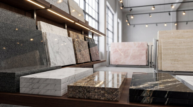Modern showroom displaying a luxurious variety of natural stone slabs: marble, granite, and travertine for exquisite interior design