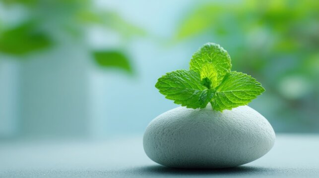 A single vibrant green mint leaf delicately perched atop a smooth white stone with soft natural bokeh background