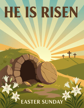 Holy Easter Scene, Empty Tomb with Lilies. Retro Poster