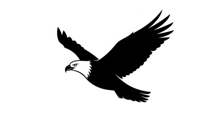 Obraz premium Black silhouette of an eagle in flight with white head wings spread wide on plain background