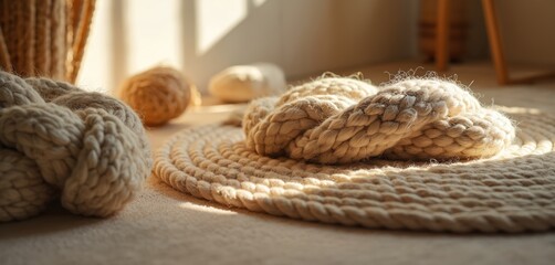 Fototapeta premium Thick braided ropes and yarn balls sit on floor in warm sunlight. Natural fiber textures create cozy, minimalist Japandi interior aesthetic. Home decor inspiration.