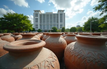Obraz premium Rows of clay pots sit outside a modern building in Ratchaburi, Thailand. These earthenware vessels display intricate designs. Traditional Thai pottery is arranged in a large outdoor display area.