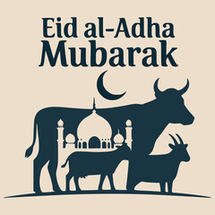 Eid Al-Adha Mubarak Celebration Banner with Islamic Moon and Goat Shadow