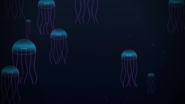 Abstract 2D Animated Jellyfish Swimming in Deep Ocean Blue and Purple Bioluminescent Motion Background
