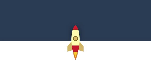 A minimalist flat design illustration of a yellow and red rocket launching upwards against a split background of dark blue and white.