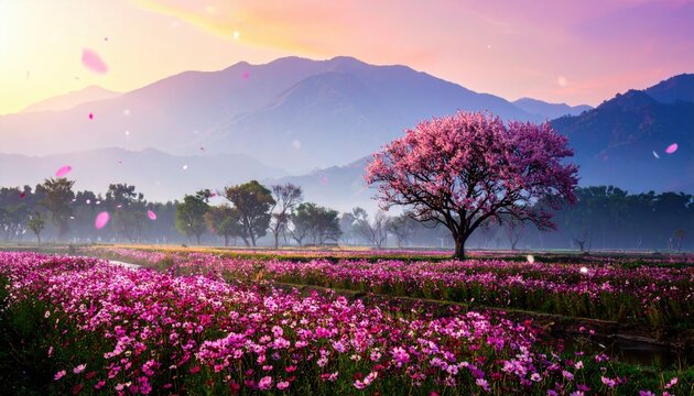 Alba Spettacolare su Prato di Fiori Alpini e Montagne in Primavera