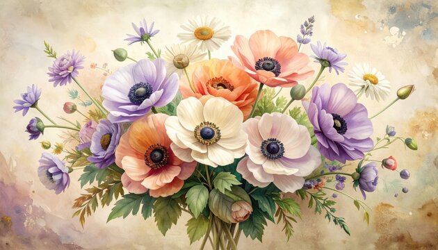 Composizione Floreale con Anemoni Colorati, Fiori di Lavanda e Sfondo Acquerello