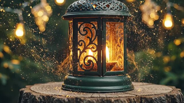 Glowing Metal Lantern with Ornate Scrollwork and Flickering Candle Flame on Rustic Wood Slice