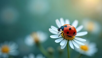 Obraz premium Red ladybug insect rests on white daisy flower petals. Tiny ladybird bug on blossom in sunlit green meadow. Macro shot of small beetle on wild flora.