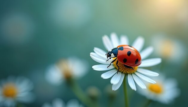 Red ladybug insect rests on white daisy flower petals. Tiny ladybird bug on blossom in sunlit green meadow. Macro shot of small beetle on wild flora.