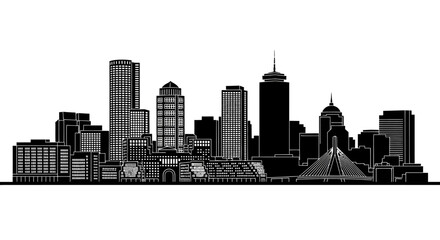 Obraz premium A black and white silhouette of the Boston skyline, featuring iconic buildings and bridges.
