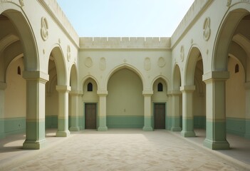 Obraz premium Serene Courtyard with Arches and Columns in Historic Building, Soft Natural Light