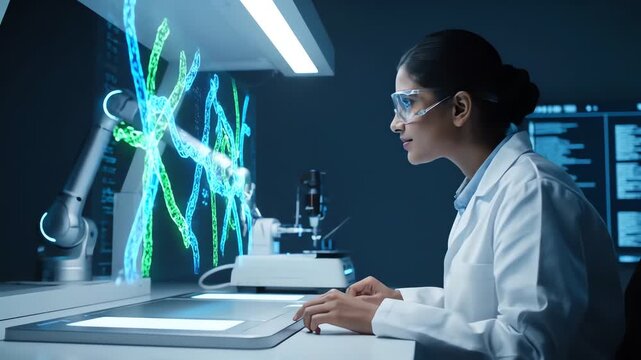 A female scientist working on a computer with a DNA model on the screen in a laboratory setting with a dark background.