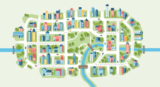 An overhead view of a stylized, colorful city map with buildings, roads, a river, and a park.
