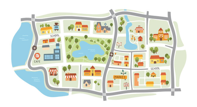 A colorful and detailed cartoon map of a charming town, showcasing various buildings, a park with a lake, and roads.