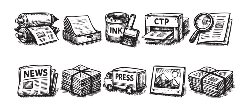 Hand-drawn illustration showing offset printing process steps including ink, paper, press, ctp. Could be used in designs related to newspapers, publishing or print shops.