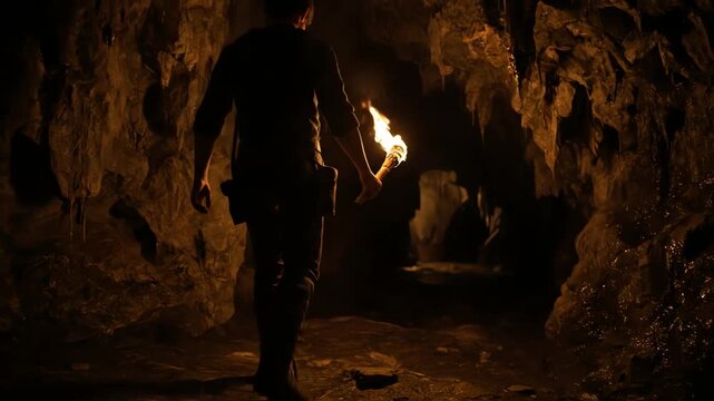 Person Holding Torch in Dark Cave with Rock Formations and Dim Orange Light