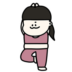 Fototapeta premium ピンクのトレーニングウェア姿でヨガの木のポーズをする、やる気満々なぽっちゃり女性のイラスト（背景透過）