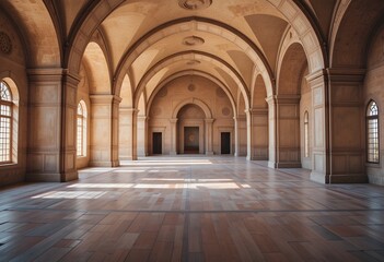 Obraz premium Large Empty Vaulted Hall with Arches and Natural Light in Historic Building Interior