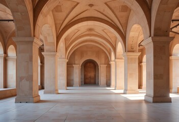 Obraz premium Grand architectural corridor with arched columns in warm sunlight interior design perspective symmetry marble