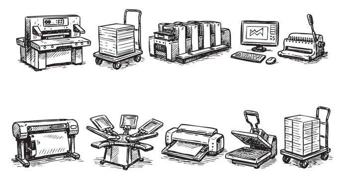 Detailed hand-drawn vector illustration showing different printing equipment. Use it for your print shop, graphic design, or publishing related projects. Black and white, clean and isolated.