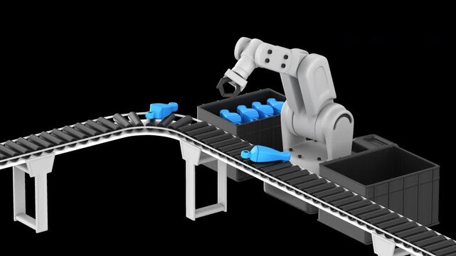Loopable stylized 3D animation of an industrial robot arm working with a conveyor belt, picking a part from the line, and placing it into a box. 3d render with alpha channel