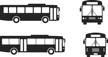 Black and white vector bus illustrations showing side and front views with different designs, perfect for transportation graphics, signage, and commercial design projectsBlack  © MDAMIRHAMJA