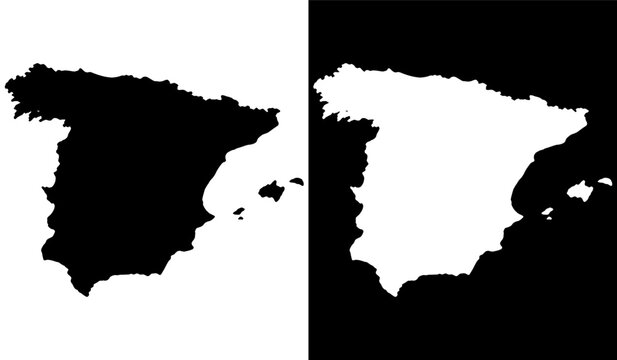 Contrast comparison of spain's geographical silhouette with black and white inversion. Vector