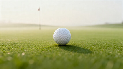 Obraz premium Golf Ball on Green Grass with Flag in Foggy Morning Light