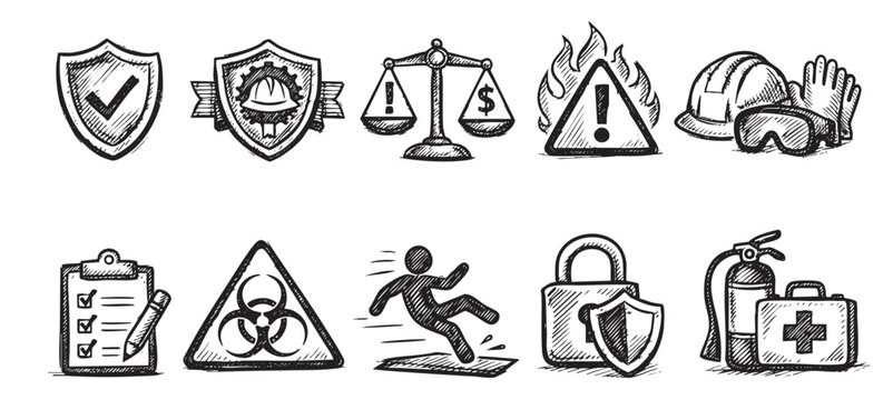 Hand drawn icon set featuring workplace safety symbols like a safety shield, risk scales, biohazard, construction worker, gas mask and more. Safety management.