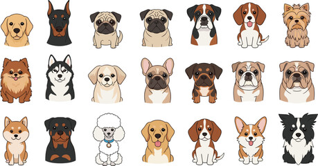 Cute Dog Breeds Vector Set with Various Puppy Faces Including Pug Bulldog Husky and Terrier for Pet Care Branding and Animal Designs © Sohel