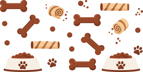 Dog Food and Treats Vector Set with Bones Biscuits Bowls and Paw Prints for Pet Care Packaging and Animal Product Designs
