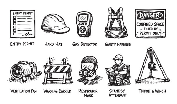 Hand-drawn vector illustration showing confined space entry equipment: permit, gas detector, harness, fan, tripod, attendant. For training, education, risk management, safety procedures.