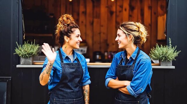 Two women in aprons smiling at camera