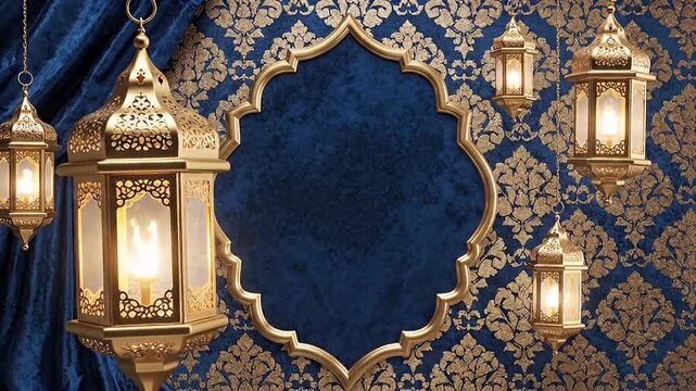 Elegant Islamic Background with Golden Lanterns and Intricate Damask Pattern for Ramadan, Eid,