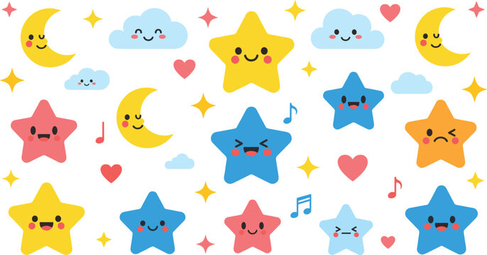 Colorful star and cloud illustrations with cute faces and music notes
