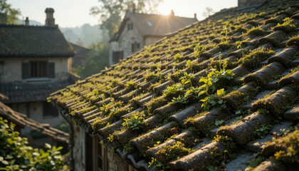 Obraz premium Sunlit roof with greenery quaint village nature photography warm morning low angle urban rewilding