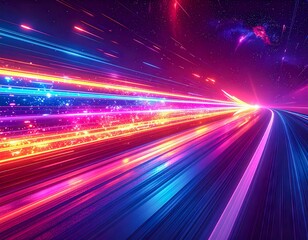 Fototapeta premium Bright colors and lines create movement through a dark space with stars and galaxies in the background