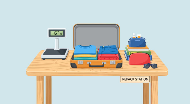 Luggage and bags on a repack station table with a scale and sign, viewed from the front in a straightforward manner