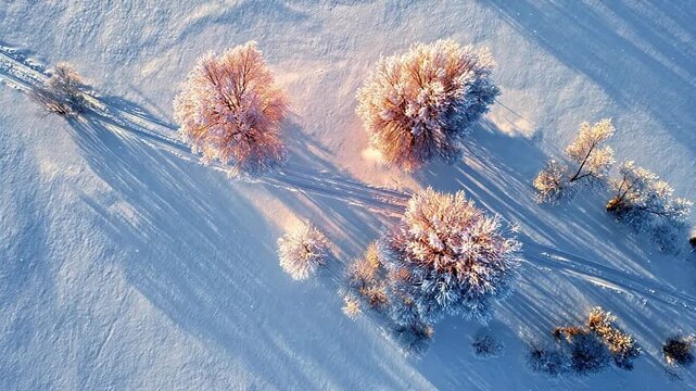 Snowy trees and road from above