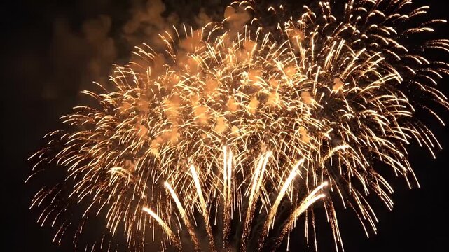 Bright golden fireworks exploding in a dark night sky, celebrating a festive occasion or holiday