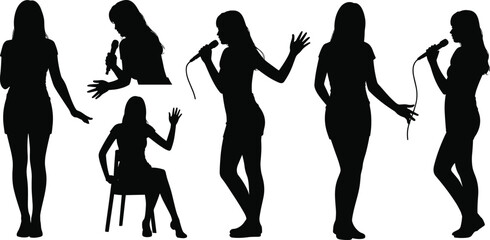 Obraz premium Silhouette sequence of performer holding microphone in expressive poses, capturing singing, music performance, entertainment, emotion, and dynamic stage illustration concepts