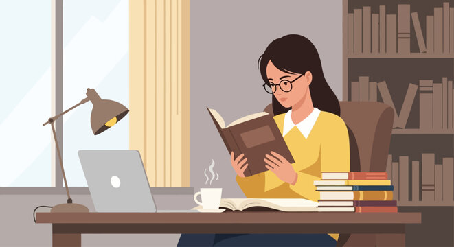 This flat design vector illustration portrays an intelligent and independent woman focused on reading and learning in a calm, modern environment. 