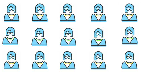 Fototapeta premium Businesswoman avatar icon set with glasses. Professional female employee for customer support, corporate user profile, and office character vector.