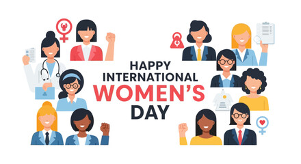 A vibrant flat design illustration celebrating International Women's Day with empowering typography surrounded by a diverse group of women representing various professions and backgrounds.  © tika
